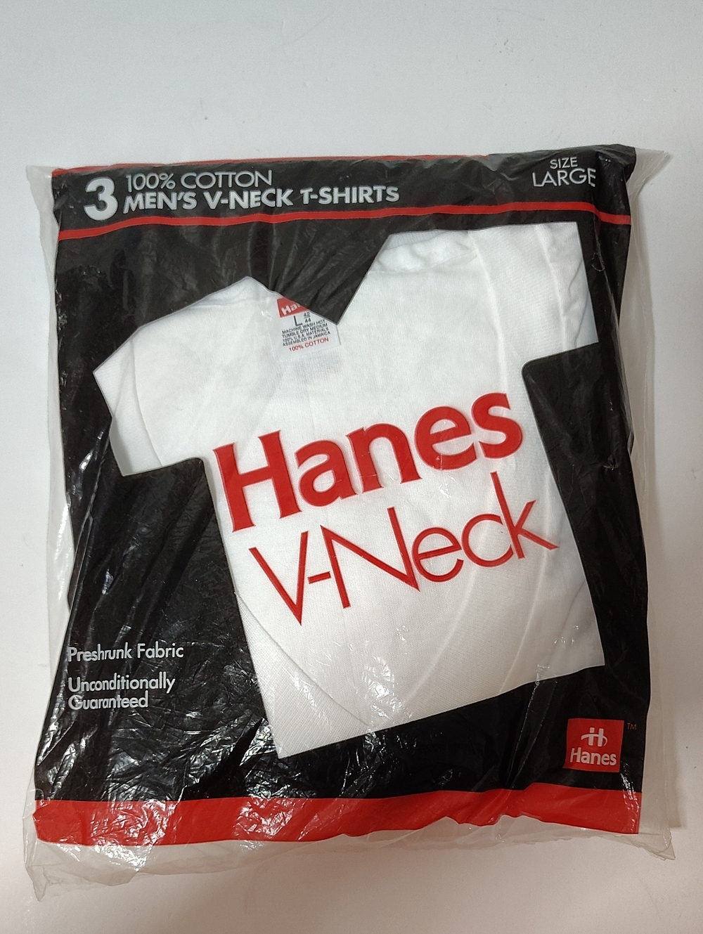 Vintage 1992 HANES Men's White V-Neck T-Shirts Brand New -3 Pack -Size L